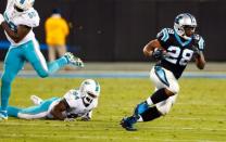 Nov 13, 2017; Charlotte, NC, USA; Carolina Panthers running back Jonathan Stewart (28) runs the ball during the fourth quarter against the Miami Dolphins at Bank of America Stadium. Jeremy Brevard-USA TODAY Sports