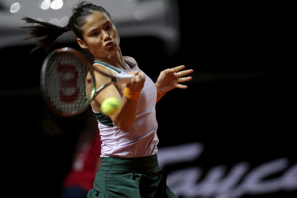 Pictured here, Emma Raducanu hits a forehand in her match against Storm Sanders at the Stuttgart Open.