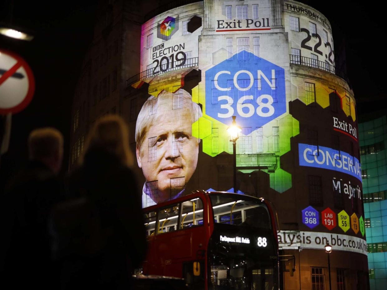 The broadcaster's exit poll results are projected on the outside of the BBC building in London: AFP/Getty