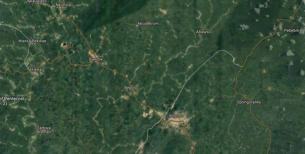 A screenshot showing an aerial view of Ghana’s western region. An explosion occurred today in Apiate, located between the towns Bogoso and Bawdie. (Google Maps)