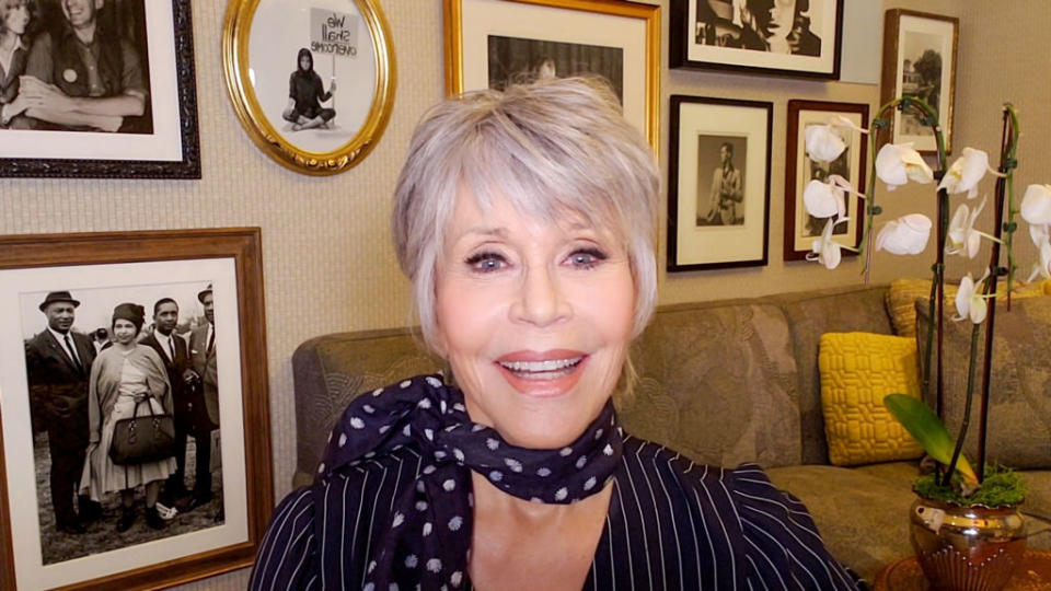 Jane Fonda has revealed she is embracing her grey hair, pictured in October 2020. (Getty Images)