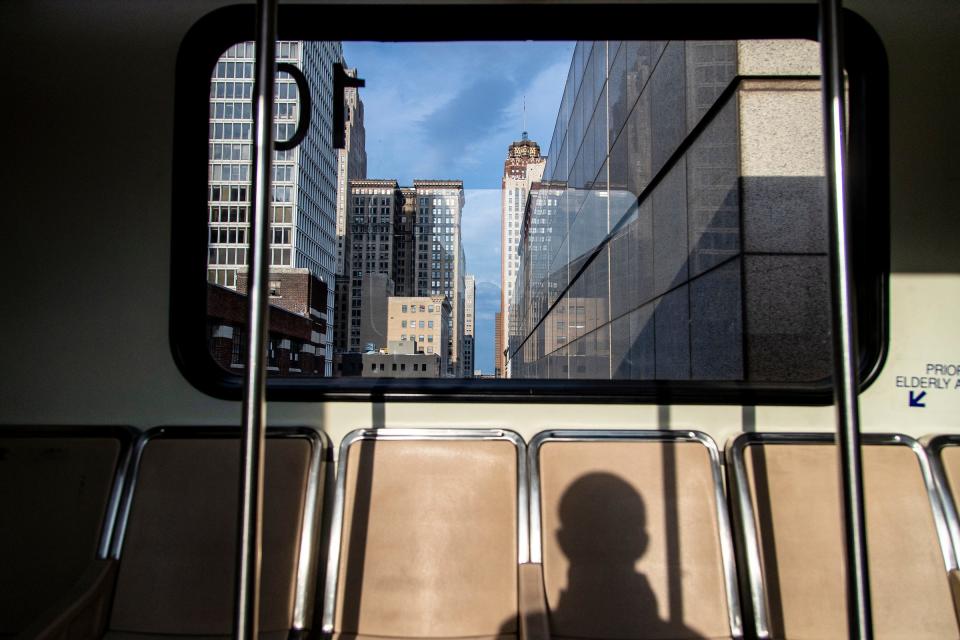 Self portrait at Detroit People Mover when approaching Huntington Place station in downtown Detroit on Wednesday, Oct. 4, 2023.