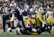 Pittsburgh Steelers outside linebacker Bud Dupree sacks New England Patriots quarterback Tom Brady, left, in the second half of an NFL football game, Sunday, Sept. 8, 2019, in Foxborough, Mass. (AP Photo/Elise Amendola)