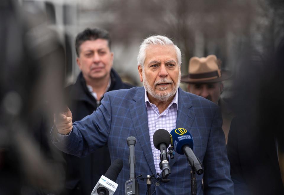 Osama Siblani, publisher of The Arab American News, speaks during a news conference of the Arab American Civil Rights League outside the Dearborn Police Department on Monday, Feb. 5, 2024, denouncing an opinion piece published in The Wall Street Journal headlined "Welcome to Dearborn, America's Jihad Capital."