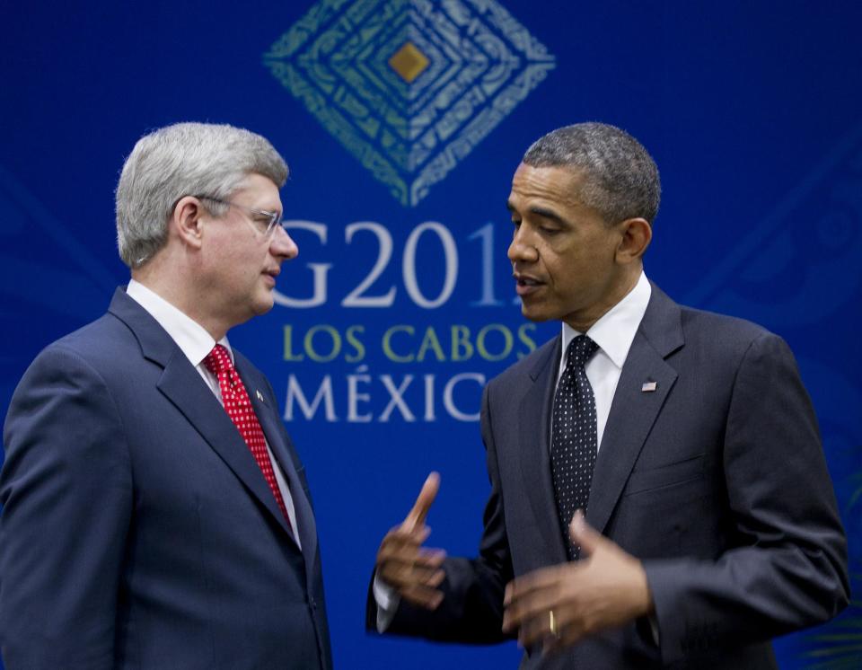 President Barack Obama gestures as he speaks during a bilateral meeting with Canada’s Prime Minister Stephen Harper during the G20 Summit, Tuesday, June 19, 2012, in Los Cabos, Mexico. (AP Photo/Carolyn Kaster)