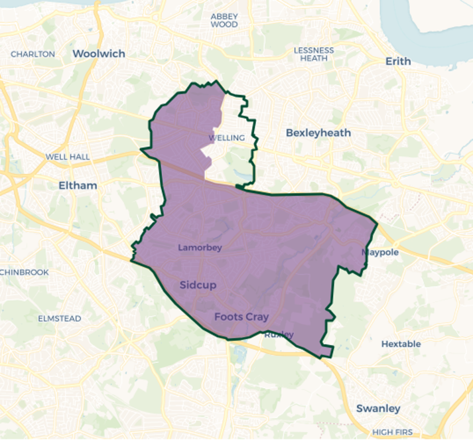 Old Bexley and Sidcup - Purple shaded area shows old constituency, green line shows new boundary (© OPENSTREETMAP CONTRIBUTORS | © CARTO)