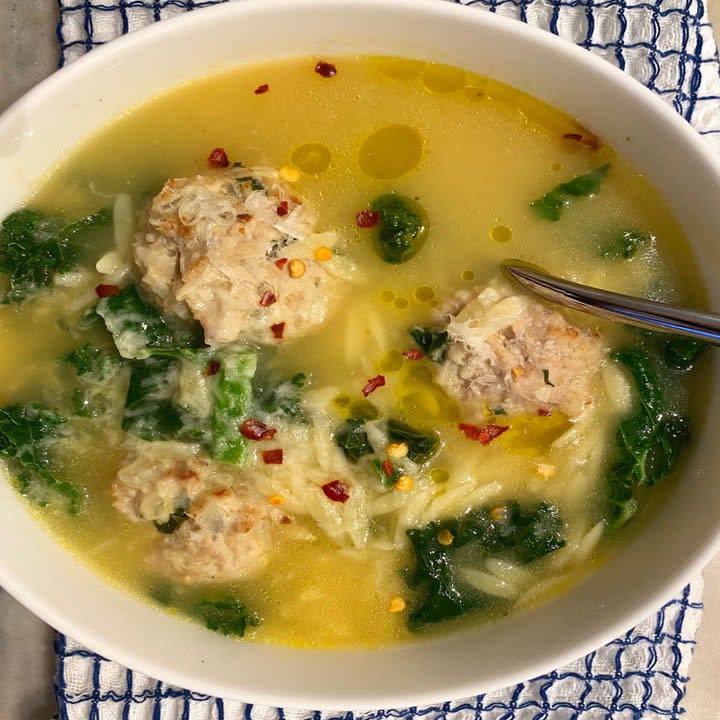 Meatball soup with orzo and spinach