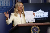 White House press secretary Kayleigh McEnany speaks with reporters about the coronavirus in the James Brady Briefing Room of the White House, Friday, May 22, 2020, in Washington. (AP Photo/Alex Brandon)