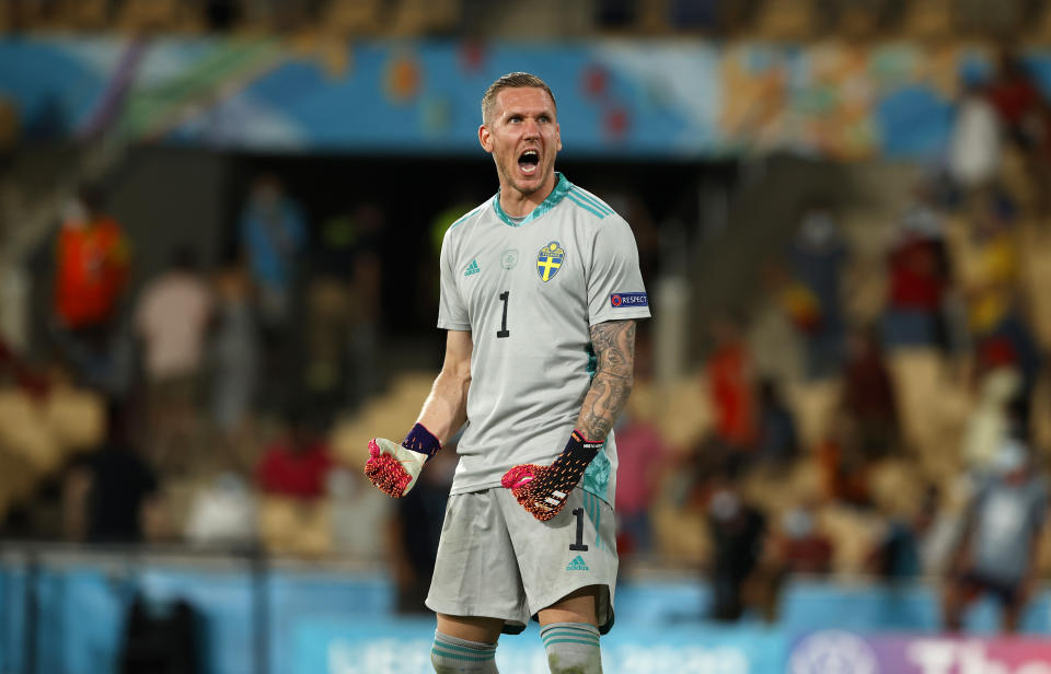 SEVILLE, SPAIN - JUNE 14: Robin Olsen of Sweden celebrates following the UEFA Euro 2020 Championship Group E match between Spain and Sweden at the La Cartuja Stadium on June 14, 2021 in Seville, Spain. (Photo by Marcelo Del Pozo - Pool/Getty Images)