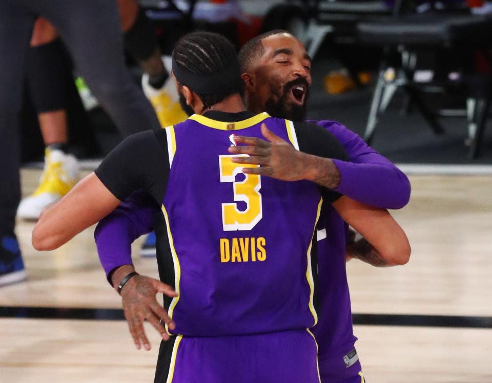 J.R. Smith (back) won his second NBA championship with the Los Angeles Lakers in 2020.