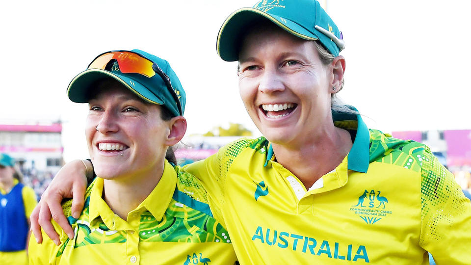 Megan Schutt and Meg Lanning, pictured here after Australia's gold medal triumph at the Commonwealth Games.