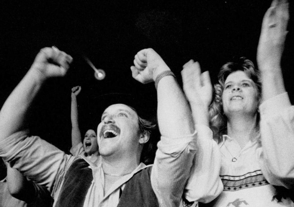 Fans of Tina Turner show their feelings during her concert at the Kansas Coliseum in October of 1985.