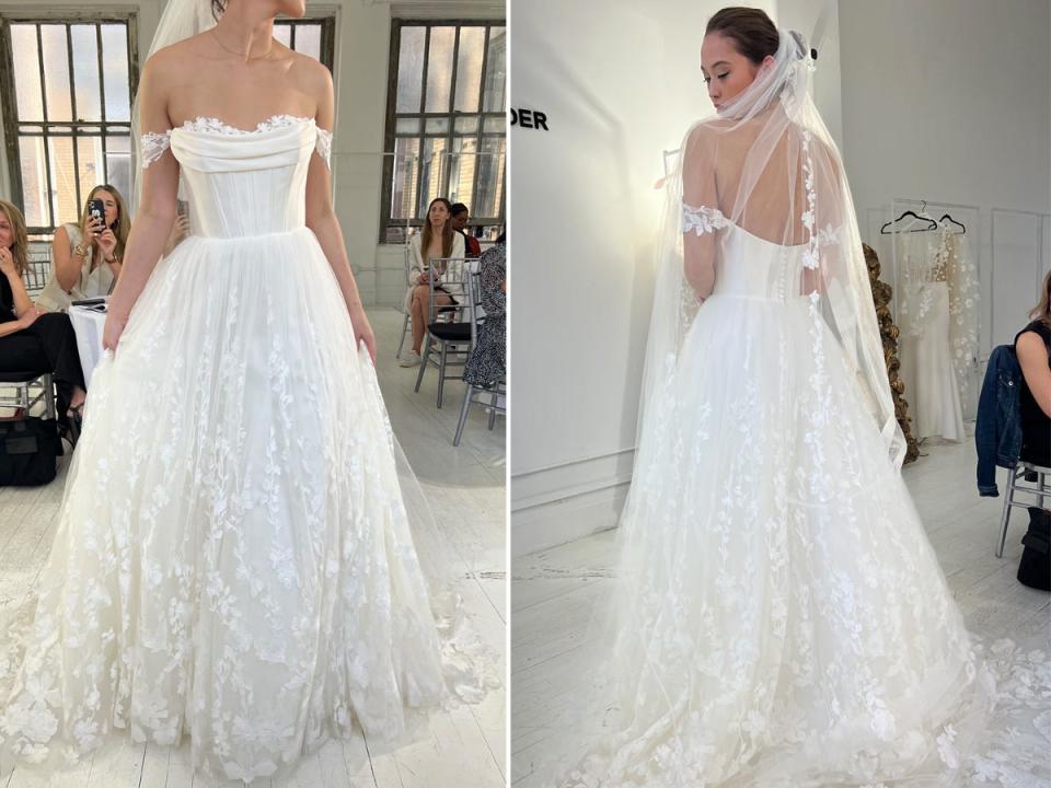 A front-and-back shot of an off-the-shoulder wedding dress with a floral skirt.