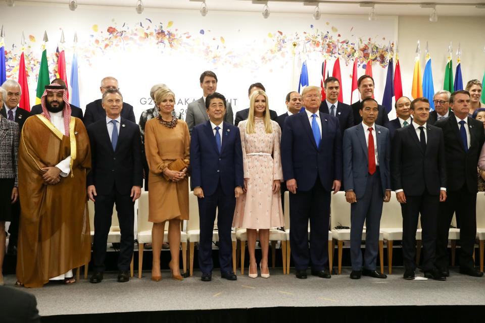 Leaders pose for a group photo at an event on the theme "Promoting the place of women at work" on the sidelines of the G20 Summit in Osaka on June 29, 2019. (Photo by Dominique JACOVIDES / POOL / AFP)        (Photo credit should read DOMINIQUE JACOVIDES/AFP/Getty Images)