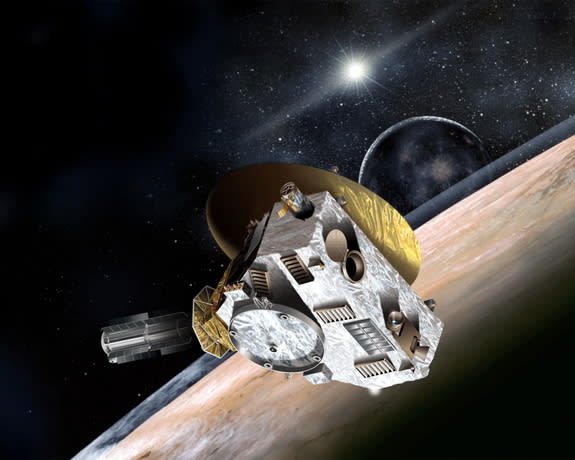 An artist's view shows NASA's New Horizons satellite observing the Pluto-Charon system. The icy surface of Pluto may provide insight into not only the dwarf planet, but also several other bodies in the solar system.