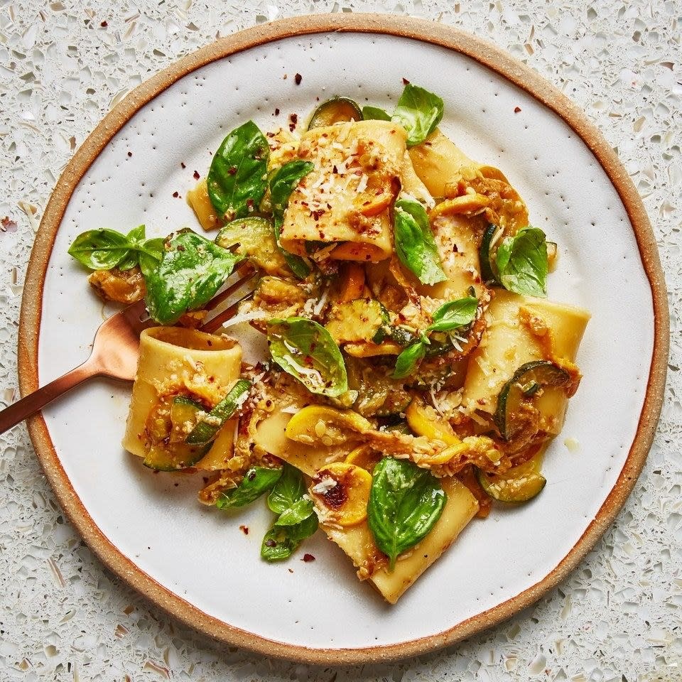 Summer squash rigatoni with basil.