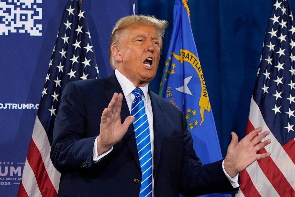 Republican presidential candidate former President Donald Trump speaks at a campaign event Saturday, Jan. 27, 2024, in Las Vegas (AP)