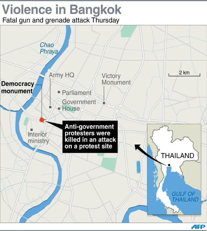 Map locating the Democracy Monument in the Thai capital where two anti-government protesters were killed in a gun and grenade attack early Thursday