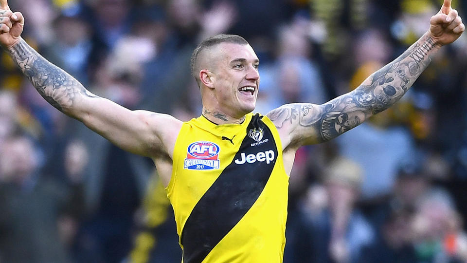 Dustin Martin celebrates kicking a goal during the 2017 AFL Grand Final. (Photo by Quinn Rooney/Getty Images)