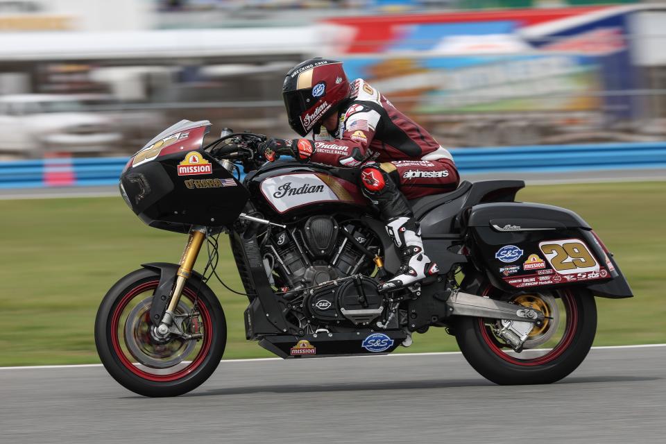 Tyler O'Hara, seen here riding his Indian Challenger bike during last year's King of the Baggers event at Daytona International Speedway.