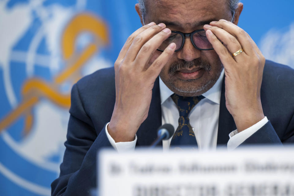 FILE - Tedros Adhanom Ghebreyesus, Director General of the World Health Organization (WHO), gestures as he speaks to journalists during a press conference, at the World Health Organization (WHO) headquarters in Geneva, Switzerland, Wednesday, Dec. 14, 2022. A confidential U.N. report into the alleged missteps by senior World Health Organization staffers in how they handled a sexual misconduct case during an Ebola outbreak in Congo found their response didn't violate the agency’s policies because of what some officials described as a “loophole.” The report was submitted to WHO last month and wasn't released publicly. (Martial Trezzini/Keystone via AP, File)