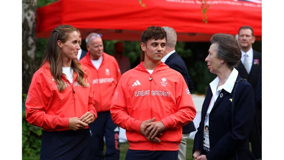  Princess Anne, The Princess Royal interacts with Flag Bearers Helen Glover and Tom Daley of Team Great Britain