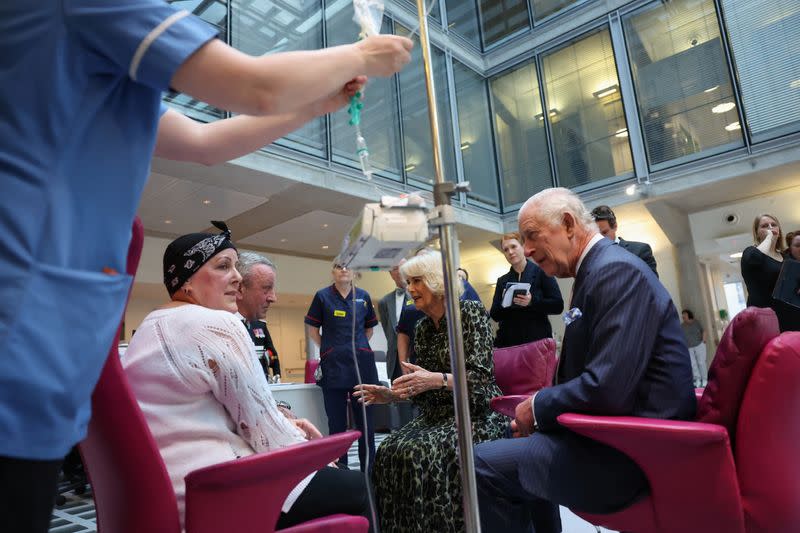 Britain's King Charles and Queen Camilla visit the University College Hospital Macmillan Cancer Centre, in London