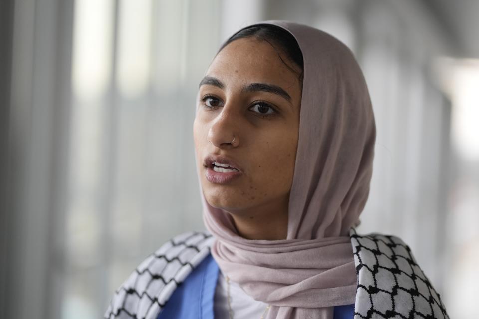 Tasneem Nada speaks about an Indiana bill to address antisemitism on college campuses, Wednesday, Feb. 7, 2024, in Indianapolis. The heart of most opposition leveled against the bill from pro-Palestinian and anti-Israel voices. State senators passed the amended version of the bill Tuesday in a 42-6 vote. But it needs final approval from the House, where the bill originated, before becoming law. (AP Photo/Darron Cummings)