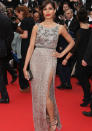 Celebrities in metallic fashion: Freida Pinto wowed in a Sanchita frock in <a href="http://uk.lifestyle.yahoo.com/photos/cannes-film-festival-2013-fashion-pictures-slideshow/" data-ylk="slk:Cannes;elm:context_link;itc:0;sec:content-canvas;outcm:mb_qualified_link;_E:mb_qualified_link;ct:story;" class="link  yahoo-link">Cannes</a>.