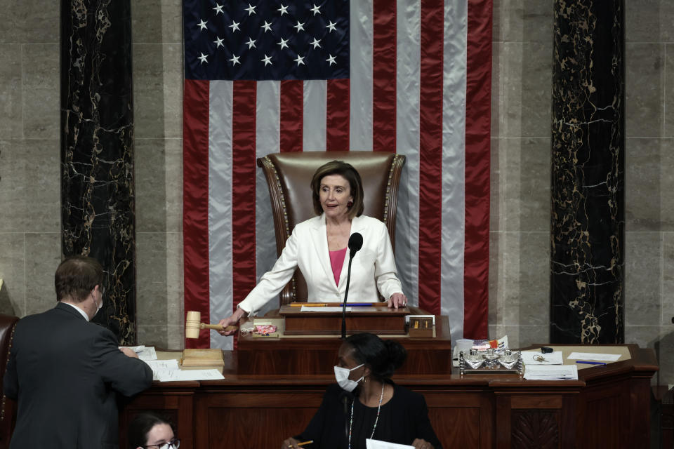 WASHINGTON, DC - NOVEMBER 19: Speaker of the House Nancy Pelosi (D-CA) presides over the vote for the Build Back Better Act at the U.S. Capitol on November 19, 2021 in Washington, DC. The vote, which passed 220-213, comes after House Minority Leader Kevin McCarty (D-CA) spoke overnight for more than eight hours in an attempt to convince colleagues not to support the $1.75 trillion social spending bill. The key Biden Administration legislation is the result of months of negotiations between the White House and moderate and progressive House Democrats. (Photo by Anna Moneymaker/Getty Images)