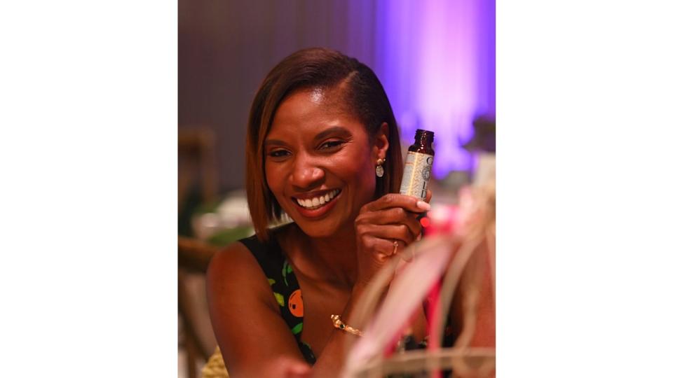 Denise Lewis was all smiles during the three-course lunch