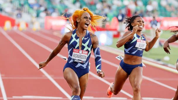 PHOTO: Sha'Carri Richardson celebrates winning the Women's 100 Meter final on day 2 of the 2020 U.S. Olympic Track & Field Team Trials at Hayward Field on June 19, 2021, in Eugene, Ore. (Steph Chambers/Getty Images)