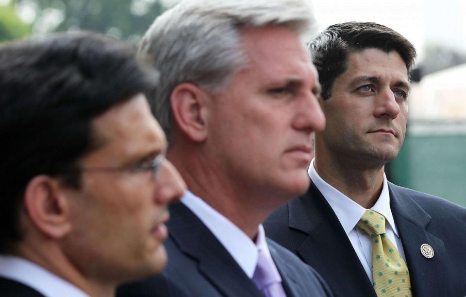 PHOTO: FILE - U.S. House Majority Leader Rep. Eric Cantor, House Majority Whip Rep. Kevin McCarthy, and House Budget Committee Rep. Paul Ryan are seen in June 1, 2011 at the White House in Washington, DC. (Alex Wong/Getty Images, FILE)