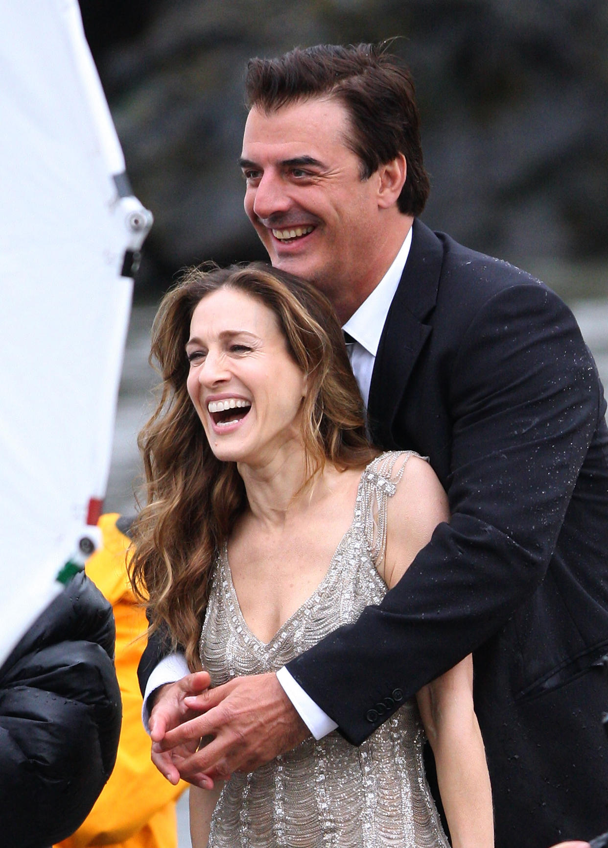 Sarah Jessica Parker and Chris Noth on set for a photo shoot in 2008.