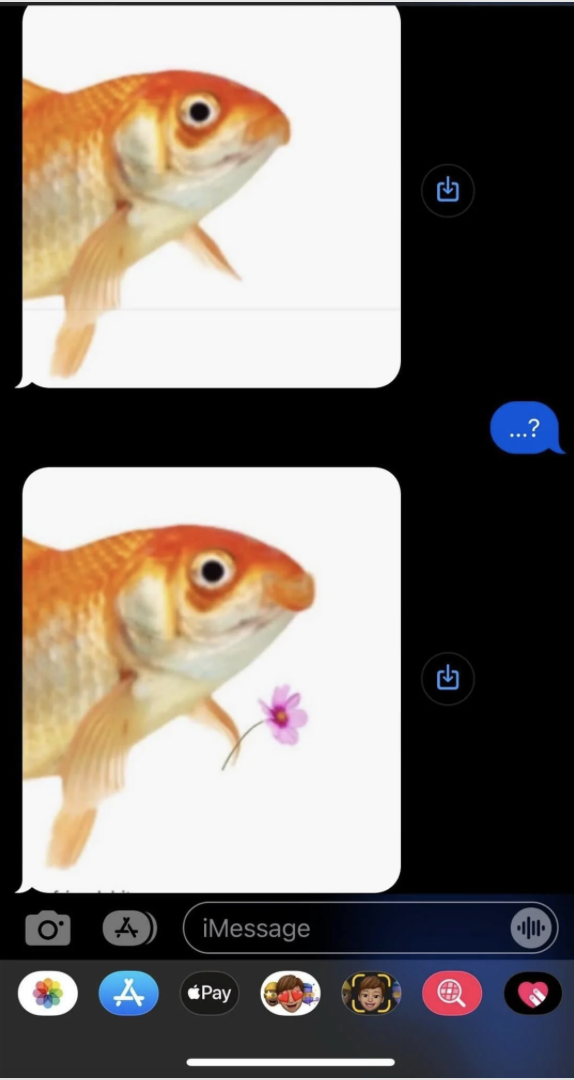 Two images of a fish in a text message conversation. The second image shows the fish holding a purple flower. The recipient responds with "...?"