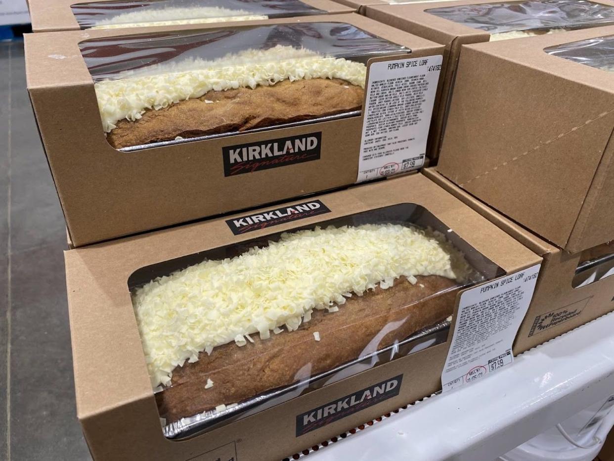 Stacked boxes of Costco Pumpkin Spice Loaf.