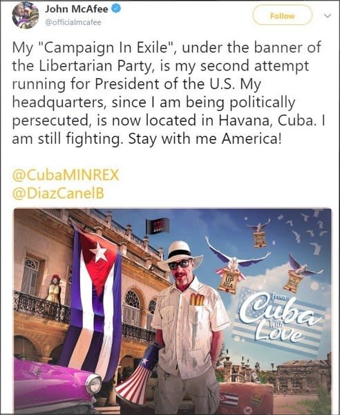 Bitcoin Bull John McAfee Still Running For President, Makes Cuba His Campaign HQ