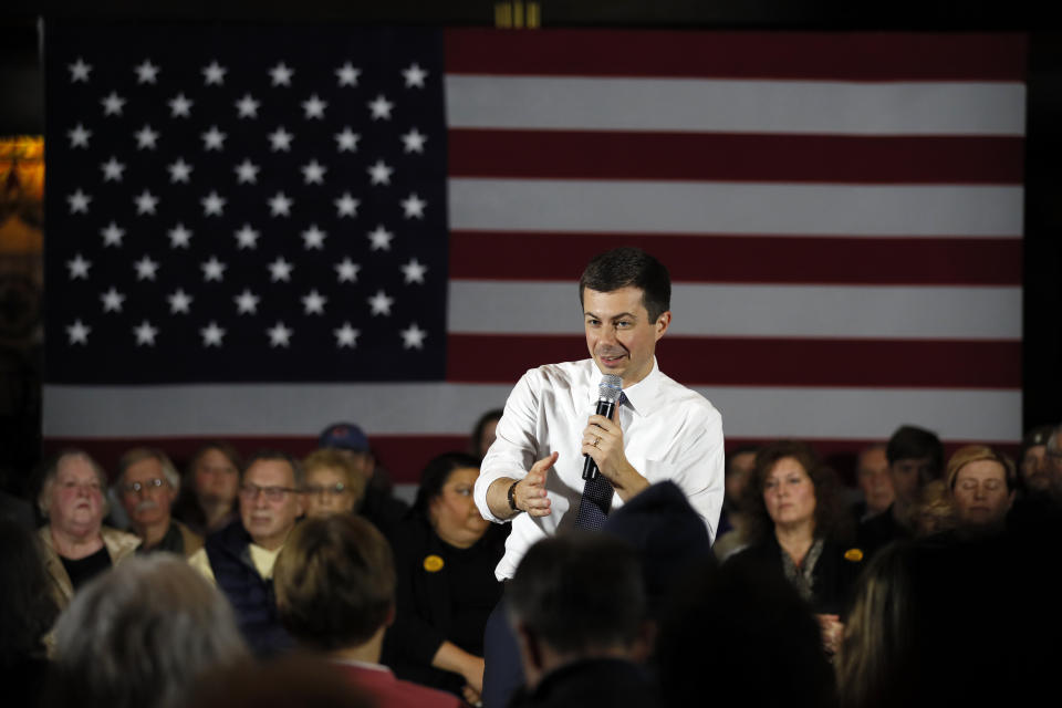 Democratic presidential candidate South Bend, Ind., Mayor Pete Buttigieg speaks during a town hall meeting, Tuesday, Nov. 26, 2019, in Denison, Iowa. (AP Photo/Charlie Neibergall)