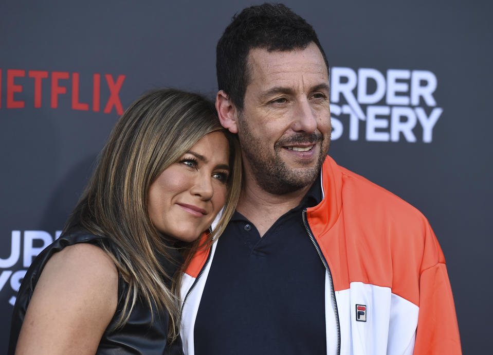 Cast members Jennifer Aniston and Adam Sandler arrive at the Los Angeles premiere of "Murder Mystery" at the Regency Village Theatre on Monday, June 10, 2019 in Westwood, Calif. (Photo by Jordan Strauss/Invision/AP)