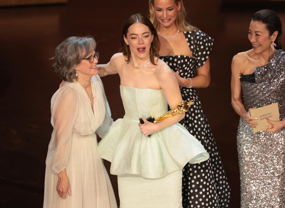 Hollywood, CA - March 10: Sally Field, Emma Stone, Jennifer Lawrence and Michelle Yeoh during the live telecast of the 96th Annual Academy Awards in Dolby Theatre at Hollywood & Highland Center in Hollywood, CA, Sunday, March 10, 2024. (Myung J. Chun / Los Angeles Times via Getty Images)