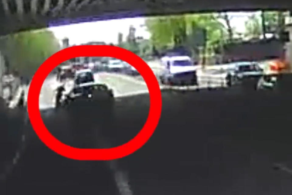 <em>Footage – video of the incident, recorded on a dashcam, shows the driver swerve into the cyclist (Picture: PA)</em>