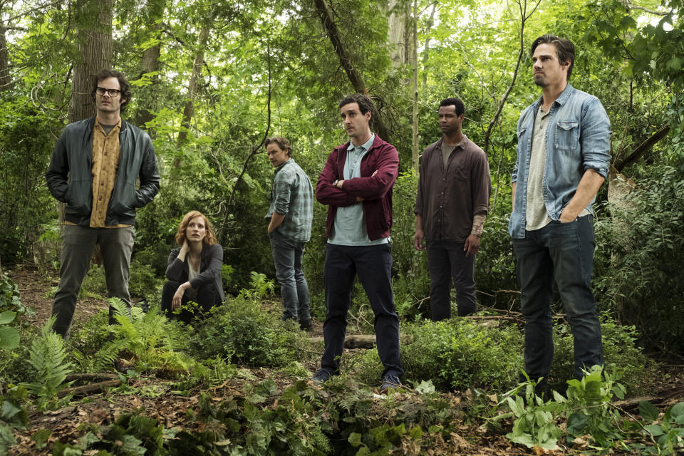 This image released by Warner Bros. Pictures shows, from left, Bill Hader, Jessica Chastain, James McAvoy, James Ransone, Isaiah Mustafa and Jay Ryan in New Line Cinema’s horror thriller "It: Chapter 2," in theaters on Sept. 6. (Brooke Palmer/Warner Bros. Pictures via AP)