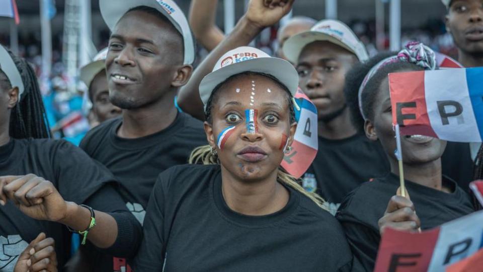 Supporters of the Rwandan Patriotic Front (FPR) gather during an initial rally to support Rwandan President Paul Kagame in Musanze on June 22, 2024