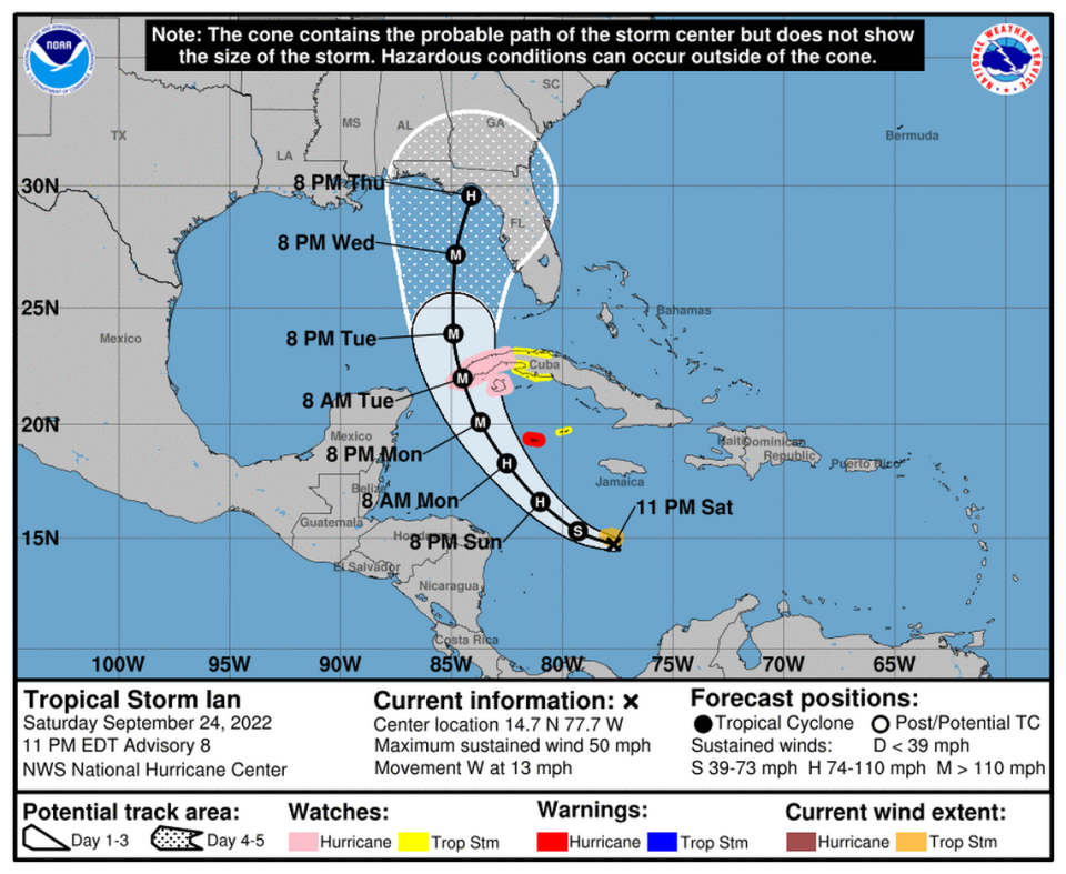 Tropical Storm Ian had intensified as of the 11 p.m. advisory Saturday as the uncertainty remains about where in Florida the projected major hurricane could make landfall.