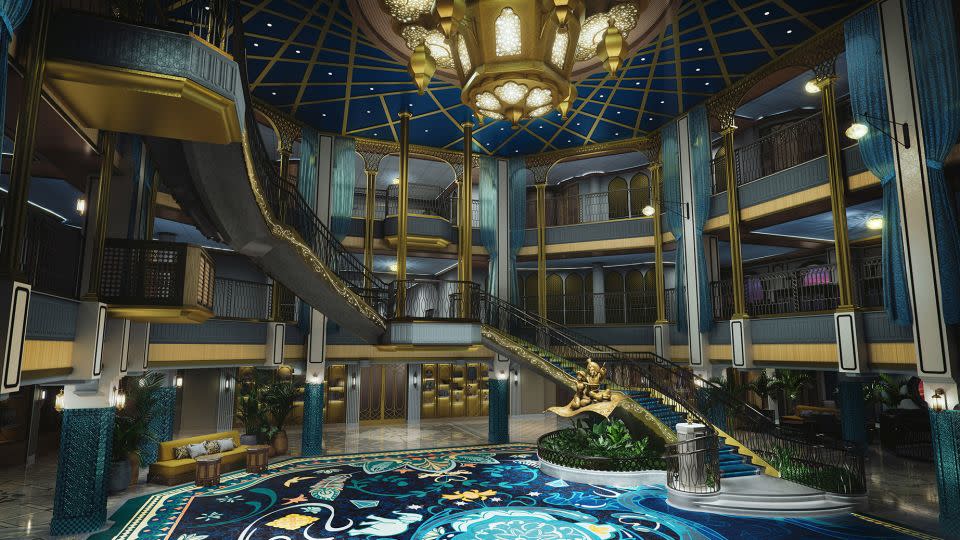 The Grand Hall of the Disney Treasure is inspired by "the grandeur and mystery of a gilded palace ... and draws on real-world influences from Asia and Africa." - Disney Cruise Line