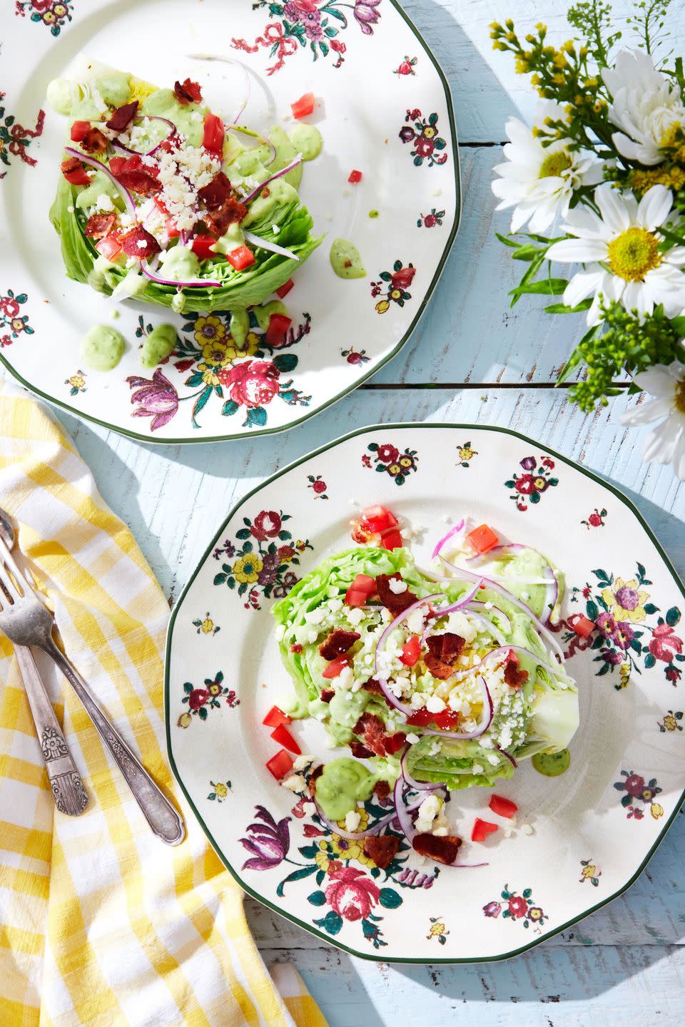 the casa wedge salad on vintage floral plates