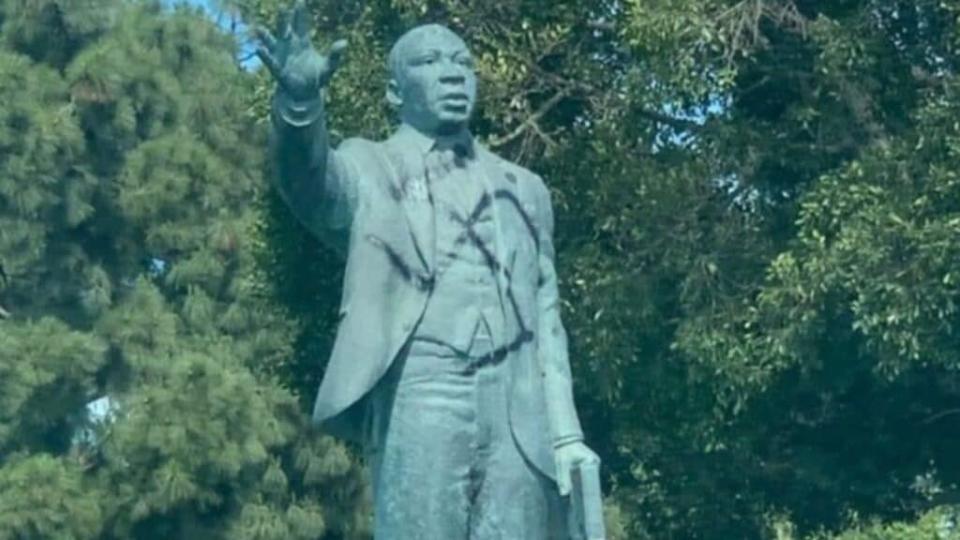 A statue of iconic civil rights leader Rev. Dr. Martin Luther King, Jr. was vandalized last week in Long Beach, California, sprayed with Nazi symbols. (Twitter)