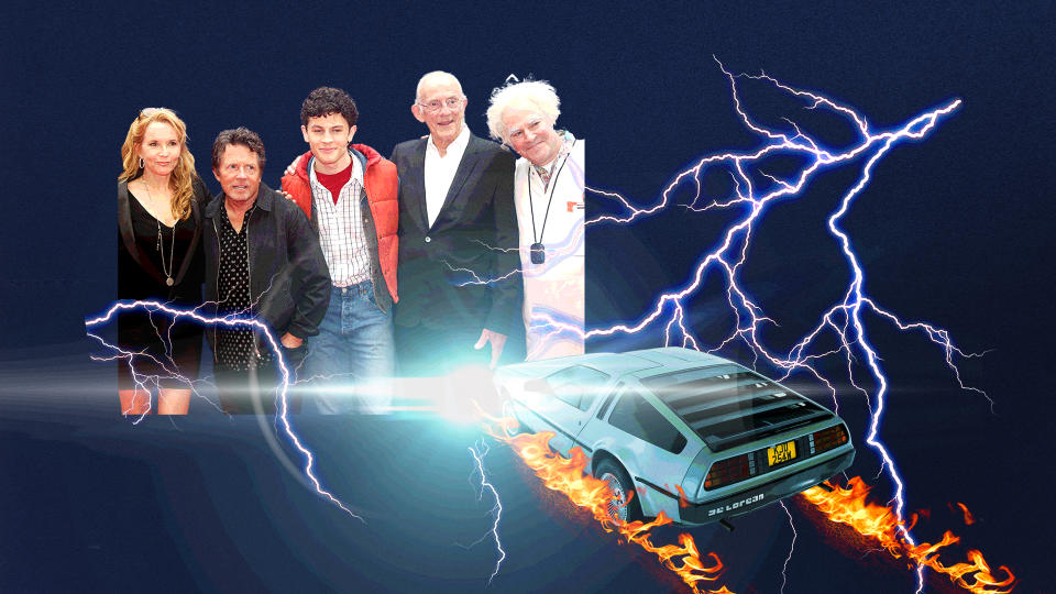 From left to right: Lea Thompson, Michael J. Fox, Casey Likes, Christopher Lloyd and Roger Bart at Broadway's Back to the Future: The Musical. (Photo: Illustration by Alex Cochran for Yahoo; Photo: Everett Collection)
