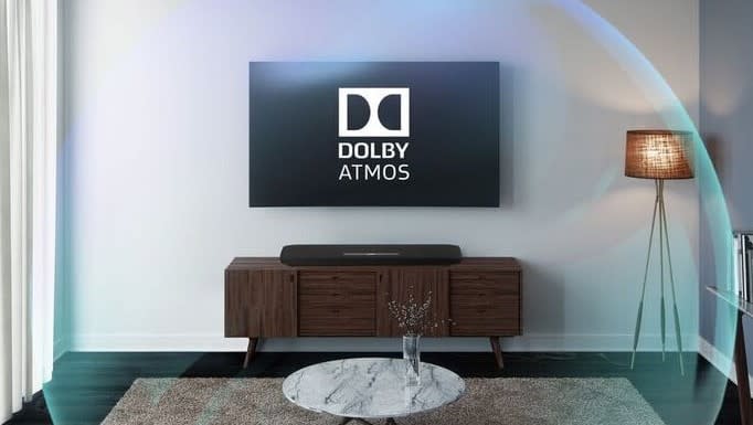 Dolby Atmos logo on screen with a soundbar and soundscape sphere