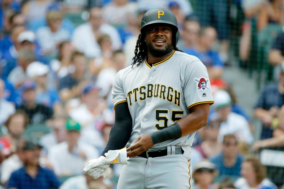 Jul 13, 2019; Chicago, IL, USA; Pittsburgh Pirates first baseman Josh Bell (55) reacts after striking out against the Chicago Cubs to end the first inning at Wrigley Field. Mandatory Credit: Jon DurrUSA TODAY Sports